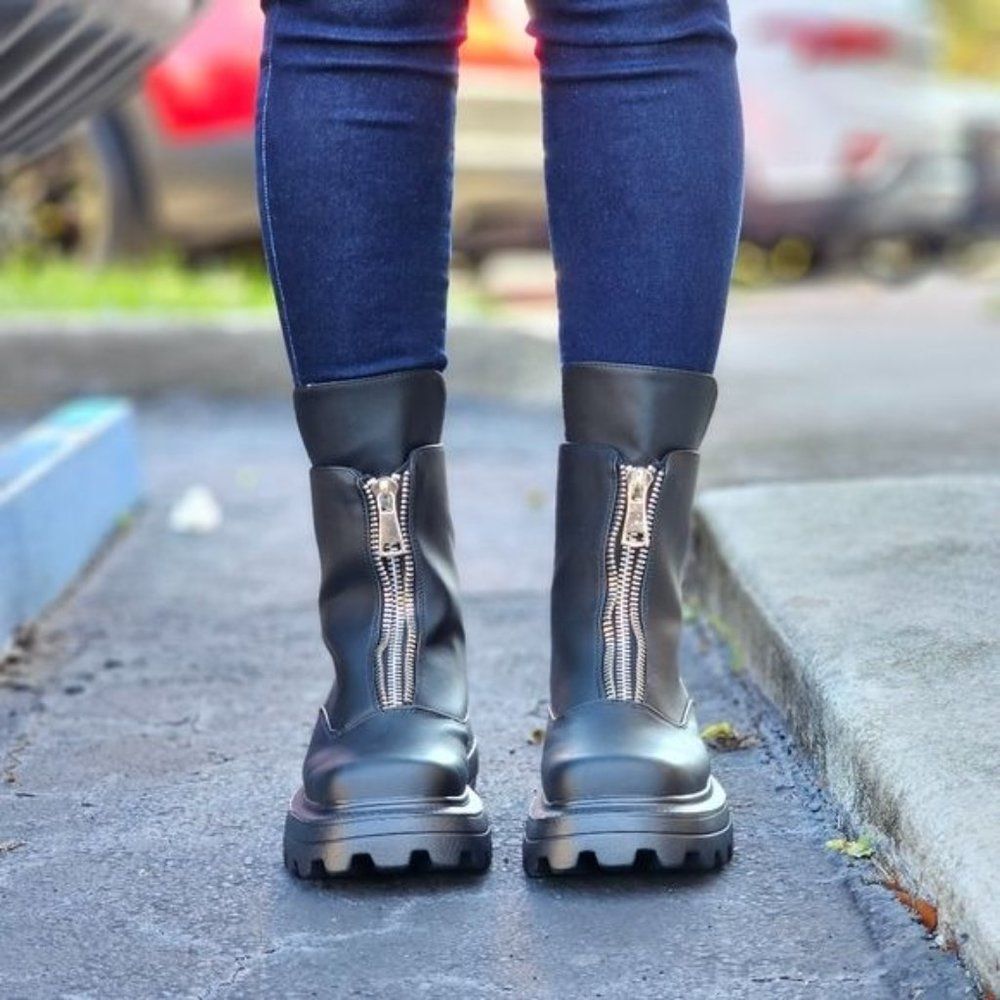 Womens Platform Combat Ankle Boots Black Color - Picture 3 of 6